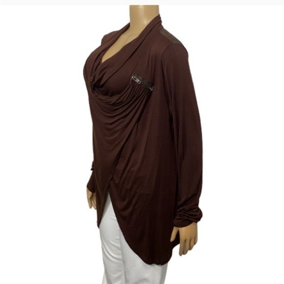 Patrizia Luca Blouse Asymmetrical Draped Cowl Neck Brown Zip detail size XL - Picture 5 of 17
